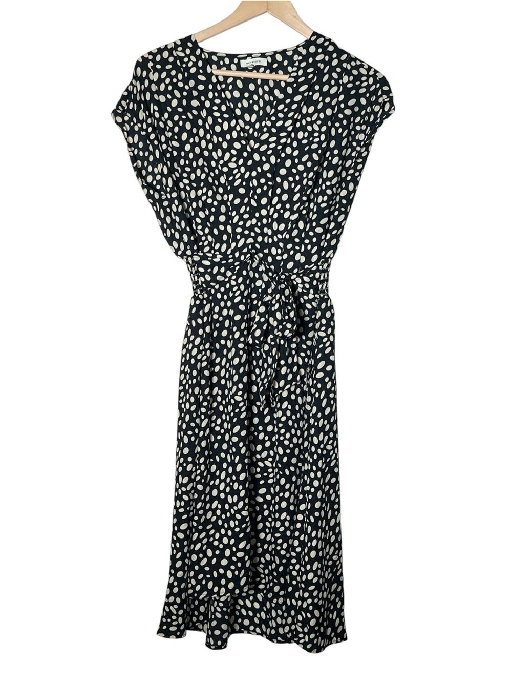 Max Studio Black and Tan Polka Dot Tie-Waist Midi Dress size small S B110